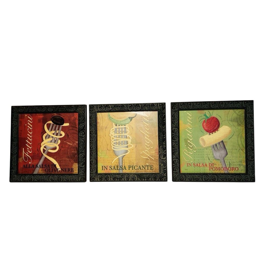 Veronique Charron Framed Pasta Art Prints Set of 3 Fettucini Spaghetti Rigatoni